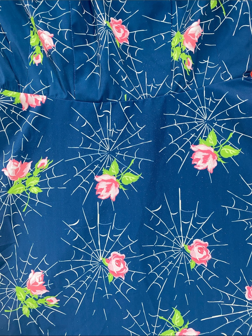 Rare Unique Vintage Spiderweb Roses Navy Blue Flare Dress - Picture 8 of 15